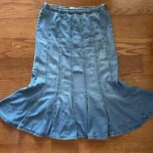 Vintage 90s Pull On Elastic Waist Denim Chambray Pleated Flare Midi Skirt Large